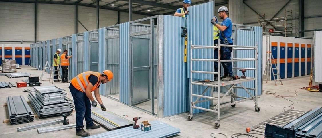 Fit-out in progress: steel partition panels being installed for self-storage bays inside a hall, workers on a mobile scaffold, stacked profiles in the foreground